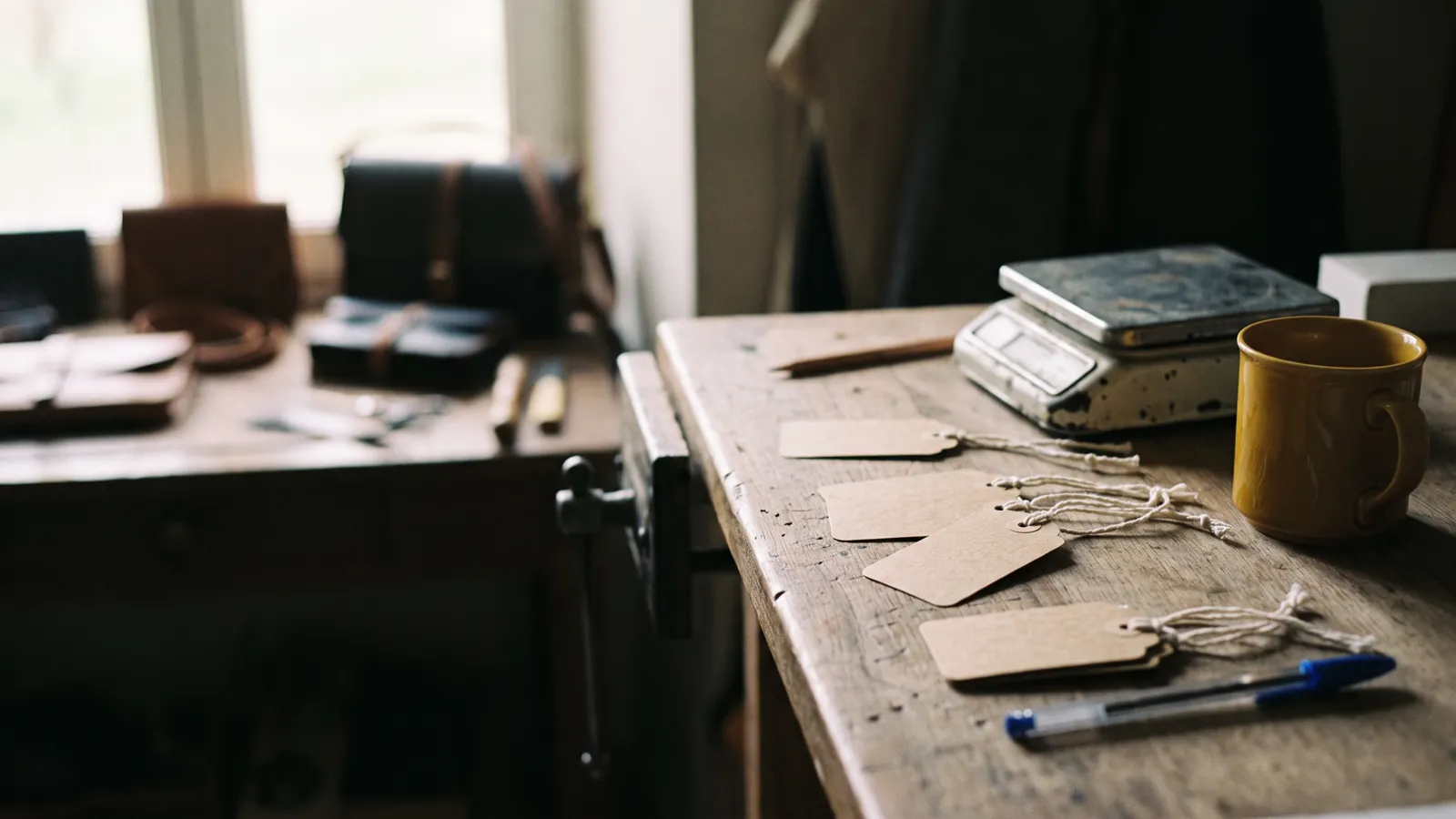 Établi d'artisan avec des étiquettes de prix vierges en papier kraft, une petite balance, un stylo bleu et un mug jaune