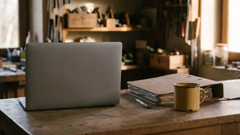 Ordinateur portable vu de dos sur le comptoir d'un atelier d'artisan, à côté d'un classeur de dossiers clients et d'un mug jaune