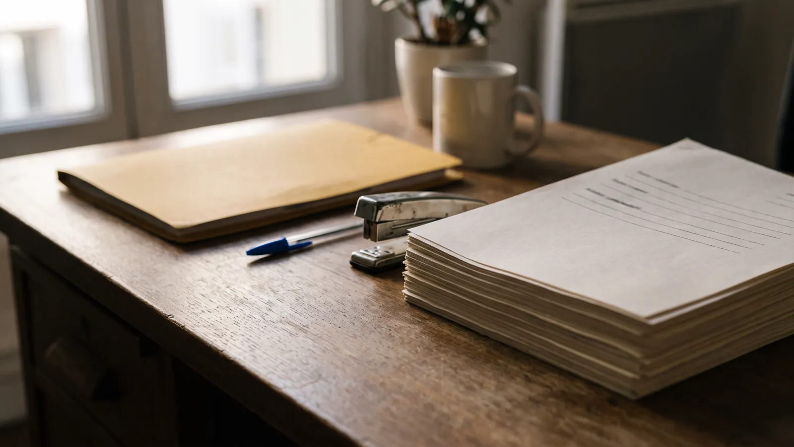 Pile de devis imprimés, agrafeuse, stylo bleu et chemise cartonnée jaune sur un bureau en bois près d'une fenêtre