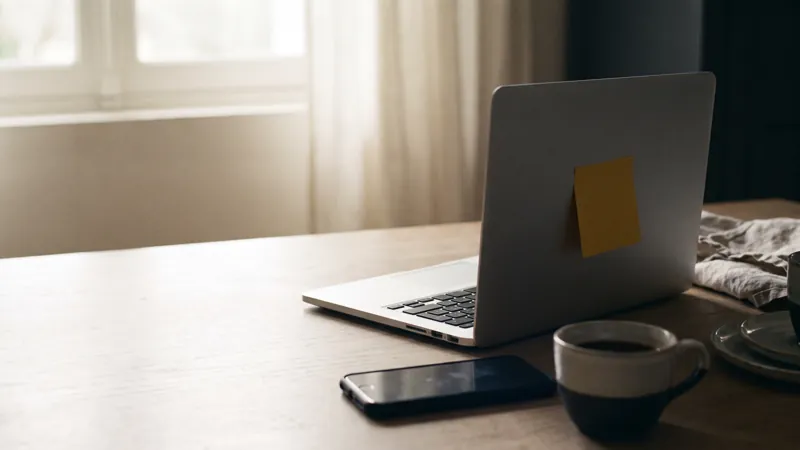 Ordinateur portable ouvert sur une table au petit matin avec un post-it jaune sur le capot, un smartphone et une tasse de café