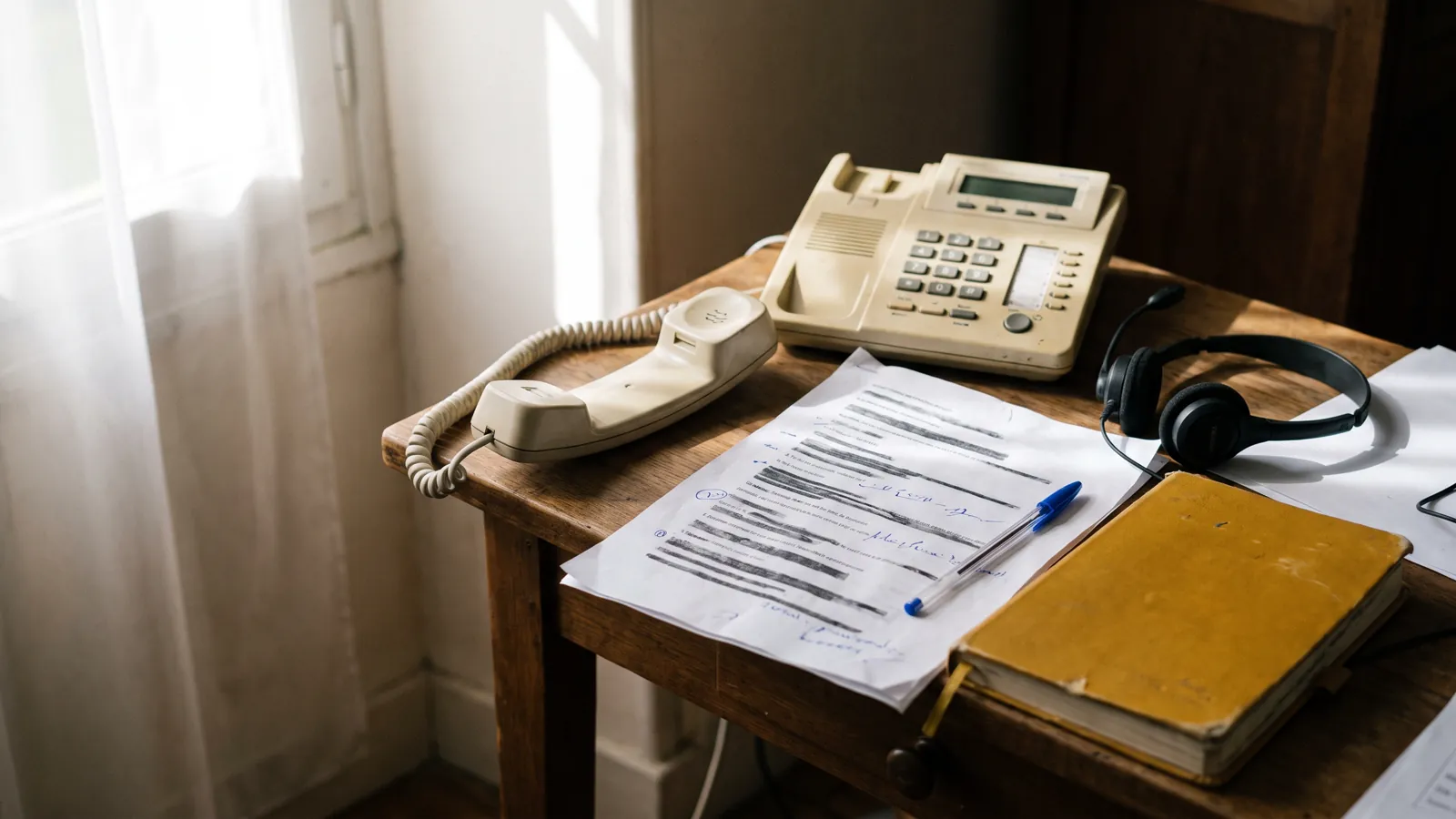 Téléphone de bureau décroché, casque d'appel et script d'appel annoté au stylo bleu à côté d'un carnet jaune