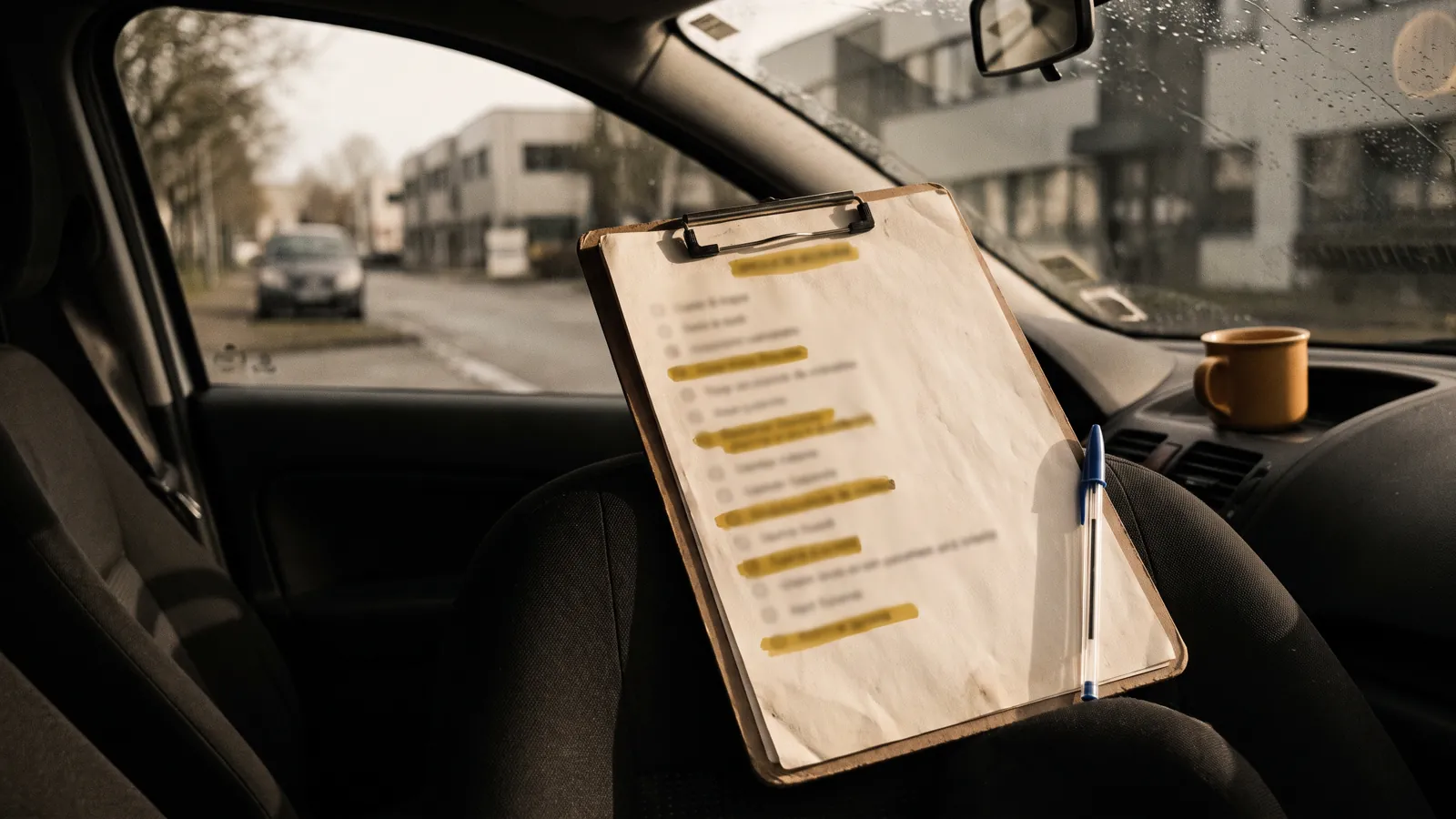 Porte-bloc posé dans une voiture garée, avec une liste de prospects surlignée en jaune et un stylo bleu, une rue de zone d'activité en arrière-plan