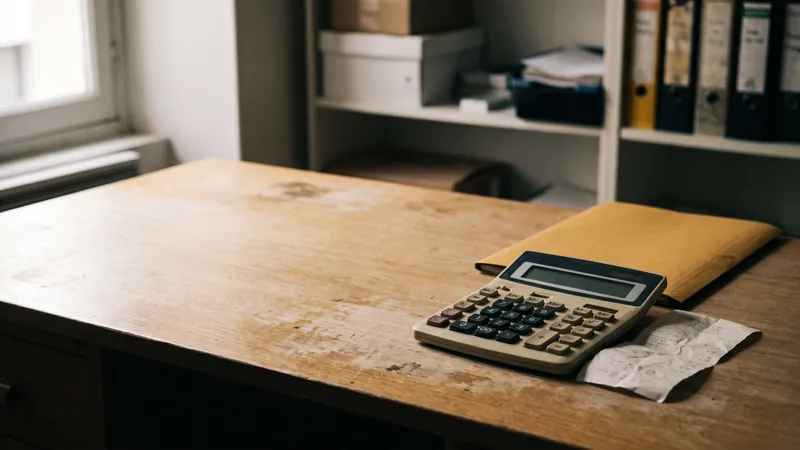 Calculatrice de bureau posée sur un bureau en bois à côté d'un ticket de caisse froissé et d'une chemise cartonnée jaune
