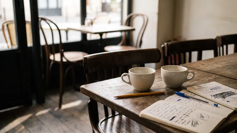 Deux tasses de café face à face sur une table de bistrot, avec deux carnets de notes ouverts, un stylo bleu et un crayon jaune