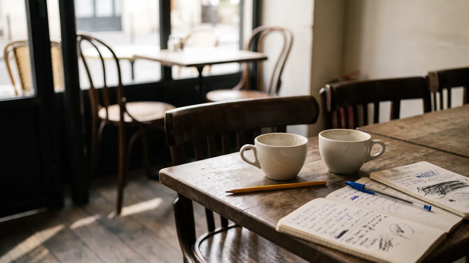 Deux tasses de café face à face sur une table de bistrot, avec deux carnets de notes ouverts, un stylo bleu et un crayon jaune